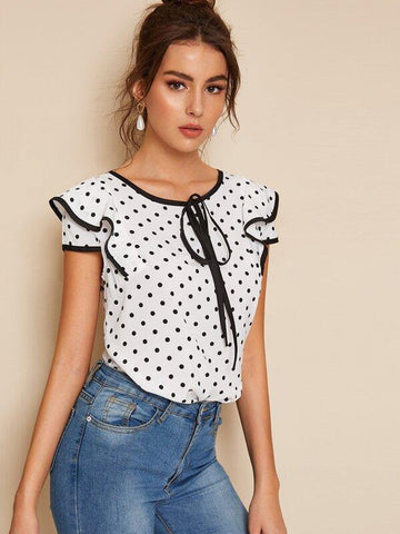 Polka Dot Piping Trim Blouse - takostyle