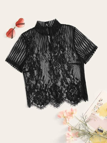Mock Neck Floral Lace Top Without Bra - takostyle
