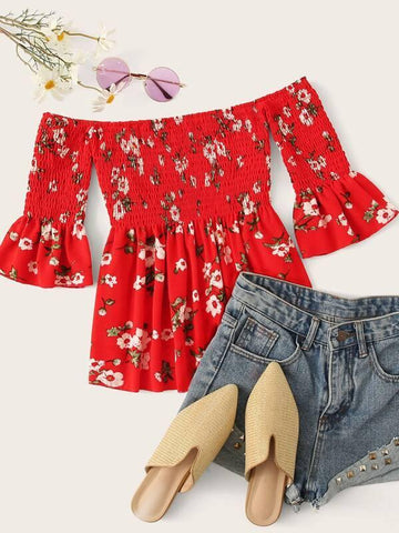 Off-shoulder Floral Print Shirred Blouse - takostyle