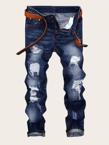 Men Ripped Embroidery Skinny Jeans