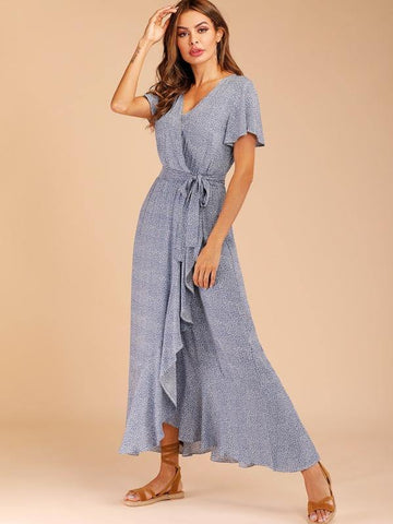 Ditsy Floral Belted Wrap Dress - takostyle