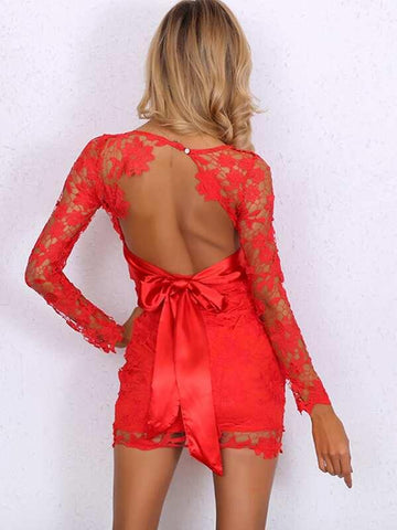 Joyfunear Plunging Neck Open Back Knot Lace Dress - takostyle