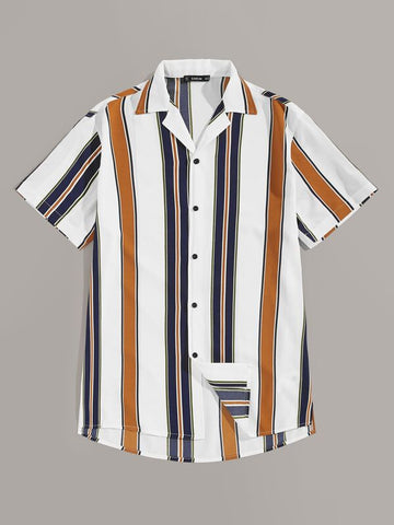 Men Notch Collar Colorblock Striped Shirt