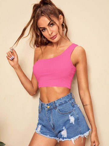 Neon Pink One Shoulder Rib-knit Crop Top - takostyle