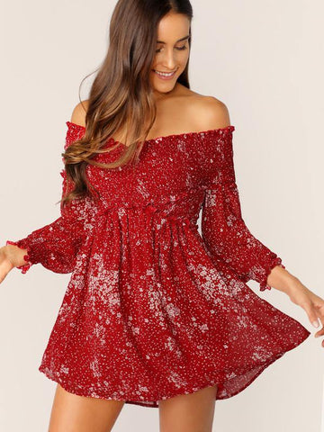 Ditsy Floral Shirred Bodice Off Shoulder Dress - takostyle