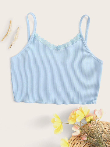 Scalloped Lace Ribbed Cropped Cami Top - takostyle