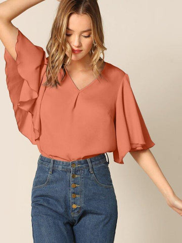 V-cut Butterfly Sleeve Blouse - takostyle