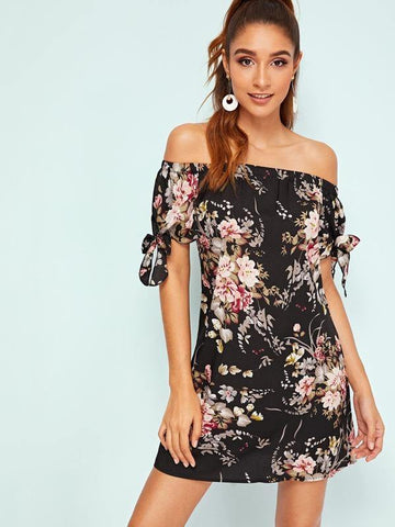 Botanical Print Tie Cuff Off Shoulder Dress - takostyle