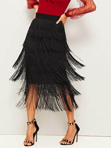 Layered Fringe Detail Pencil Skirt - takostyle