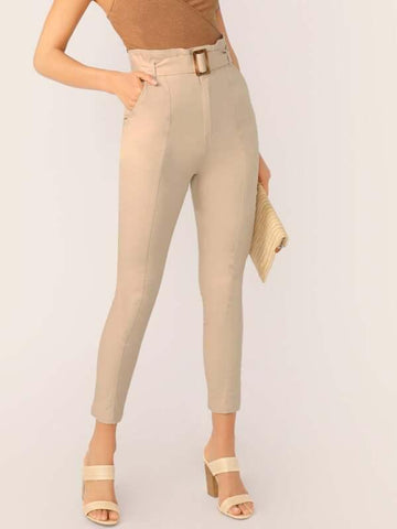 Belted High Waist Slim Fit Woven Pants - takostyle