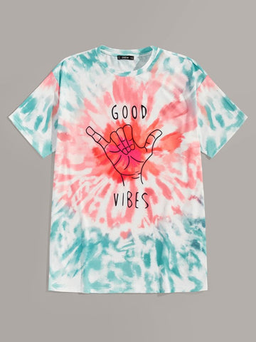 Men Tie Dye Letter & Gesture Graphic Tee