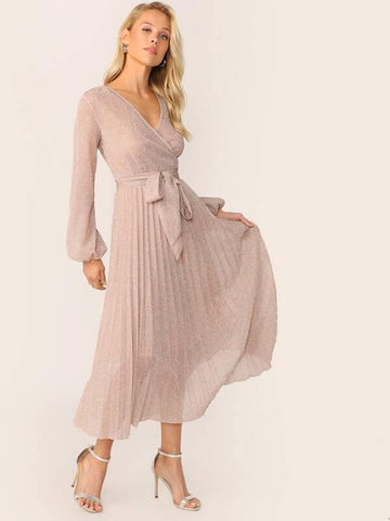 Surplice Neck Belted Pleated Glitter Dress - takostyle