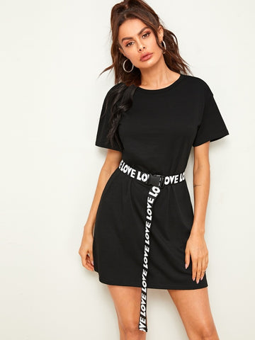 Letter Graphic Push Buckle Belted T-shirt Dress