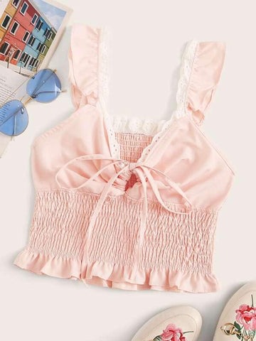 Embroidered Smocked Self-Tie Cami Top - takostyle