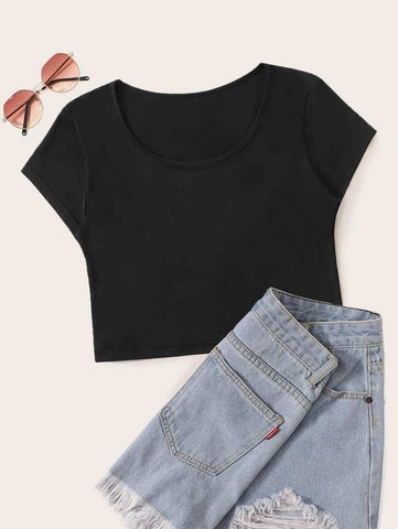 Solid Scoop Neck Cropped Tee - takostyle