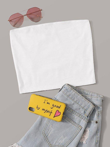 Solid Rib-knit Bandeau Top - takostyle