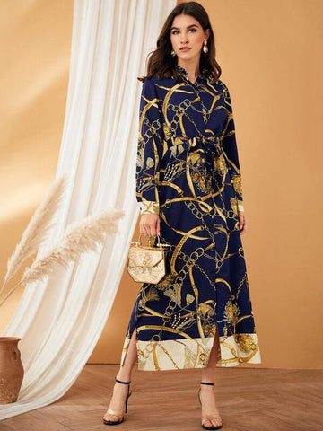 Chain Print Belted Shirt Dress - takostyle