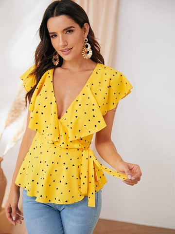 Ruffle Trim Confetti Heart Print Wrap Knot Top - takostyle