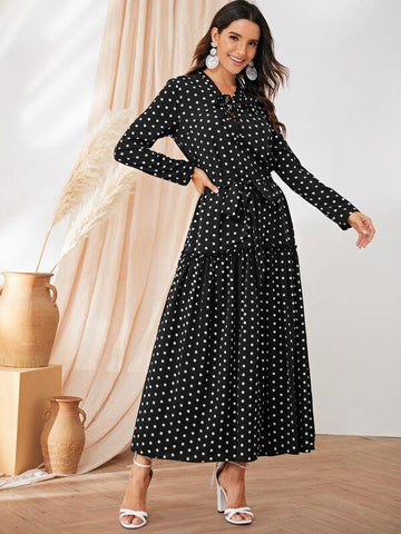 Lace Up Front Polka Dot Belted Dress - takostyle