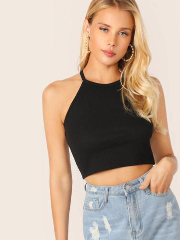 Solid Rib-knit Halter Top - takostyle
