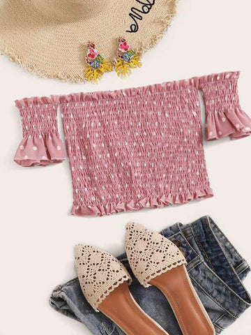 Polka Dot Shirred Off The Shoulder Blouse - takostyle