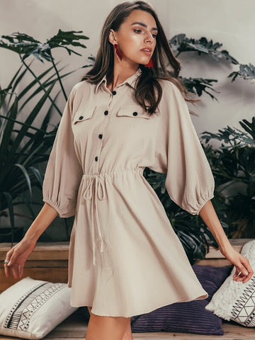 Simplee Drawstring Waist Button Front Shirt Dress