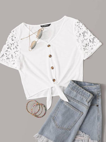 Guipure Lace Self-Tie Buttoned Crop Top - takostyle