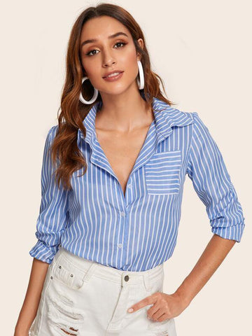 Pocket Front Striped Curved Hem Blouse - takostyle