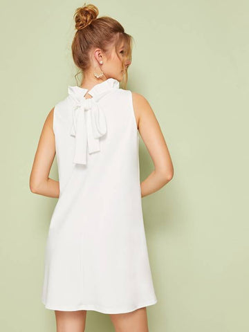 Tie Back Frill Neck Solid Tank Dress