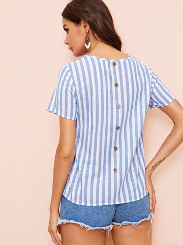 Pocket Patched Button Back Striped Blouse - takostyle