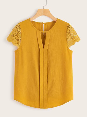 Contrast Lace Cuff Keyhole Neck Blouse - takostyle