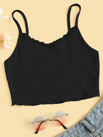 Contrast Lace Ribbed Cami Top - takostyle