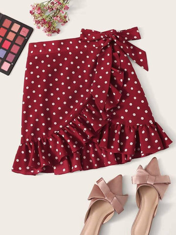 Ruffle Trim Knot Side Wrap Polka Dot Skirt - takostyle