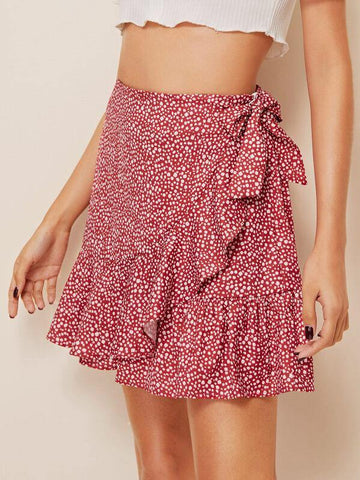 Dalmatian Print Ruffle Hem Knot Wrap Skirt - takostyle