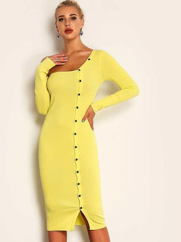 Joyfunear Asymmetrical Neck Button Front Dress - takostyle
