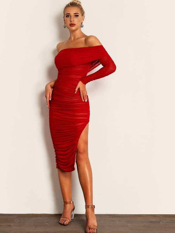 Joyfunear Off Shoulder Asymmetrical Hem Ruched Dress - takostyle