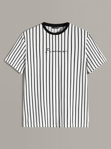 Men Vertical Striped & Letter Graphic Tee