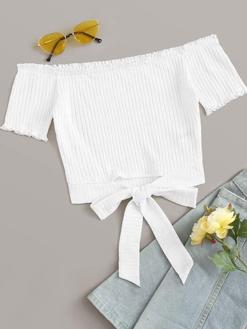Off Shoulder Tie Hem Rib-knit Top - takostyle
