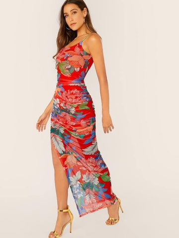 Floral Print Slit Hem Draped Slip Dress - takostyle