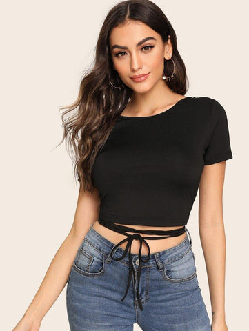 Crisscross Self-Tie Open-Back Cropped Tee - takostyle