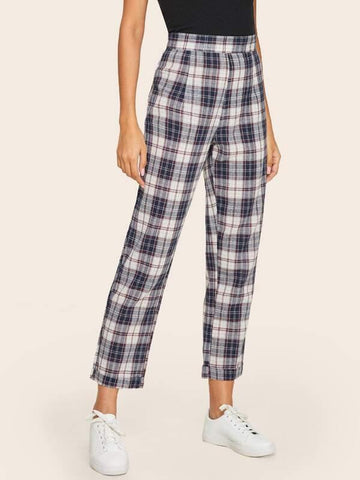 Plaid Print High Waist Pants - takostyle