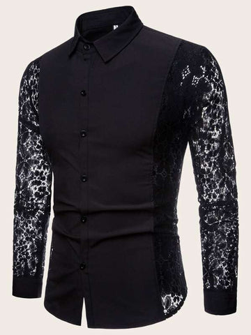 Men Contrast Lace Sleeve Single Breasted Shirt