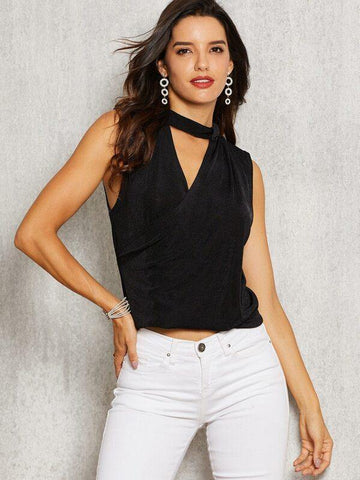 SBetro Solid V-cut Neck Keyhole Back Top - takostyle