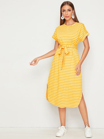 Self Belted Split Side Striped Dress