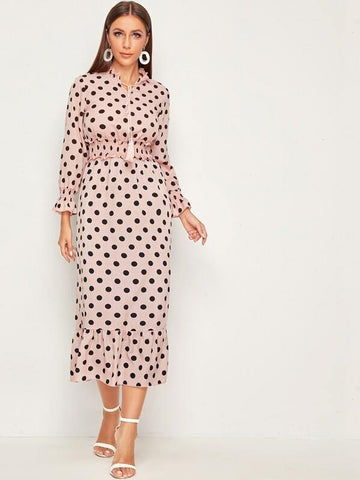 Polka Dot Shirred Tassel Detail Frill Trim Dress - takostyle