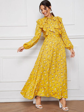 Ditsy Floral Print Tie Neck Ruffle Trim Maxi Dress - takostyle