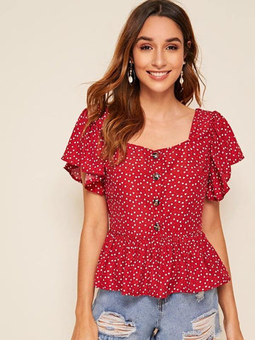Confetti Heart Print Ruffle Hem Blouse - takostyle