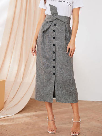 Button Front Tie Waist Straight Skirt - takostyle