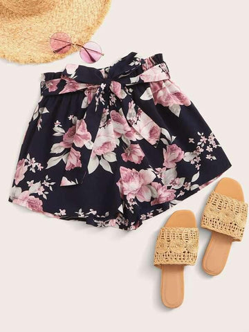 Floral Print Belted Paperbag Waist Shorts - takostyle