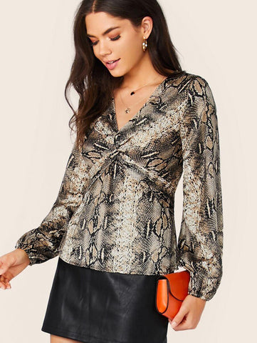 Snake Print Twist Front Long Sleeve Blouse - takostyle